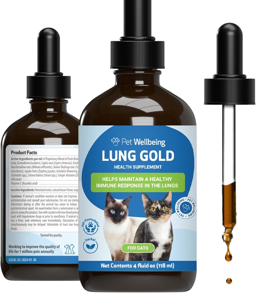 Pet Wellbeing Lung Gold for Cats - keuhkojen immuunituki, Alempi hengitysteiden terveys, Open Airways, Normaali hengitys, Reishi, Koptis - Eläinlääkärin formuloitu kasviperäisten täydentää - 4 oz (118 ml)