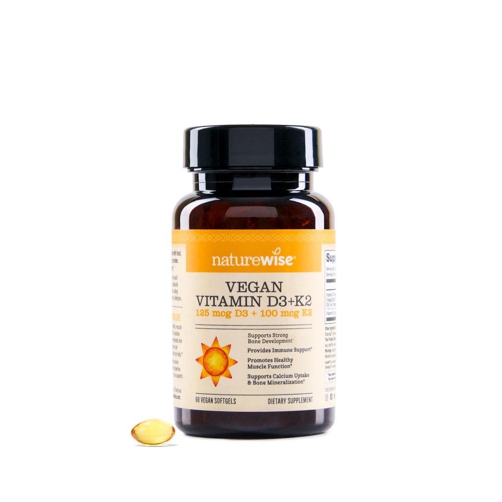 NatureWise Vegan Vitamin D3 + K2 - Organisk D3 5000IU + naturlig vitamin K2 100mcg - Benstöd - Hög Absorption med organisk kallpressad olivolja - icke-GMO