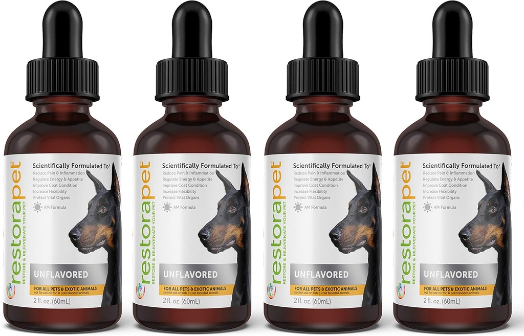 RestoraLemmikki 4-Pack koira & kissa Mautonta nestemäistä monivitamiinia. Koiran niveltulehduskipujen lievittäminen.