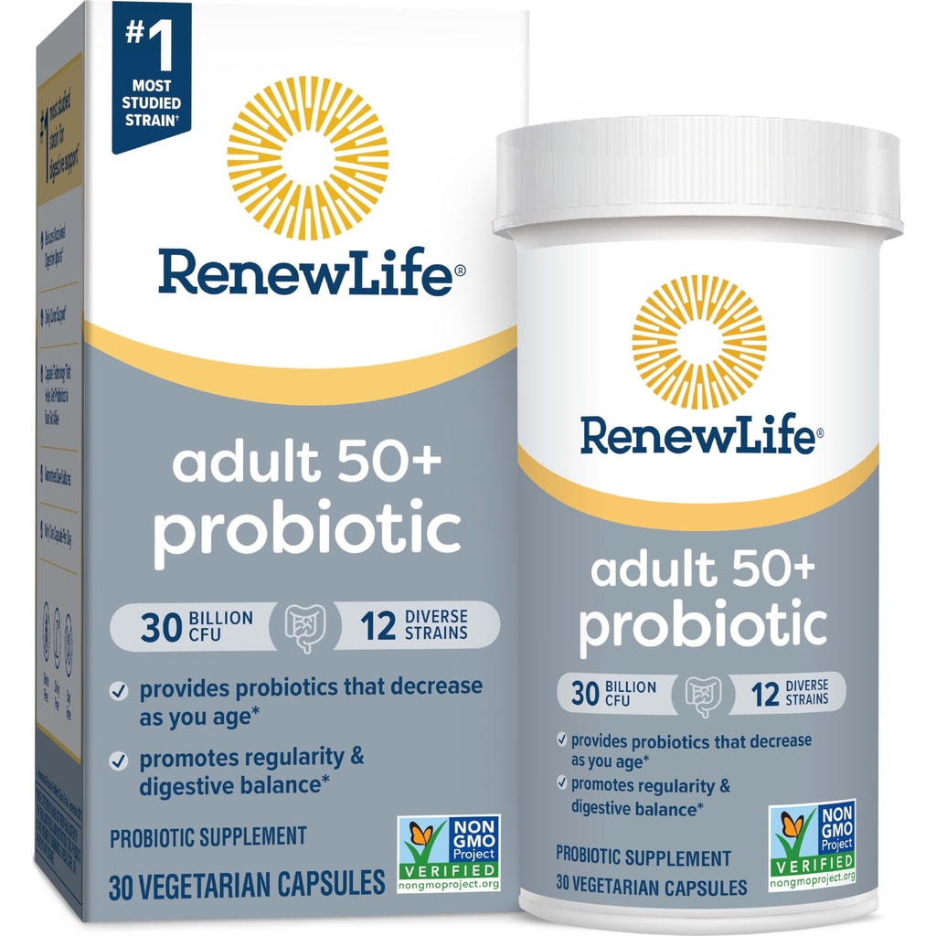Renew Life Probiotic Adult 50 Plus Probiotic Capsules, Daily Supplement Supports Urinary, Digestive and Immune Health, L. Rhamnosus GG, Dairy, Soy och glutenfri, 30 miljarder CFU, 30 Count