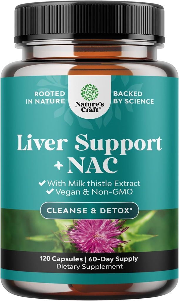 Maksan tuki NAC täydentää maitoa Thistle maksan puhdistus Detox & Korjaus - N Acetyl Cysteine Supplement Liver Cleanse antioksidantteja, kurkuma, koliini, voikukka & L-glutationi - 120 Caps