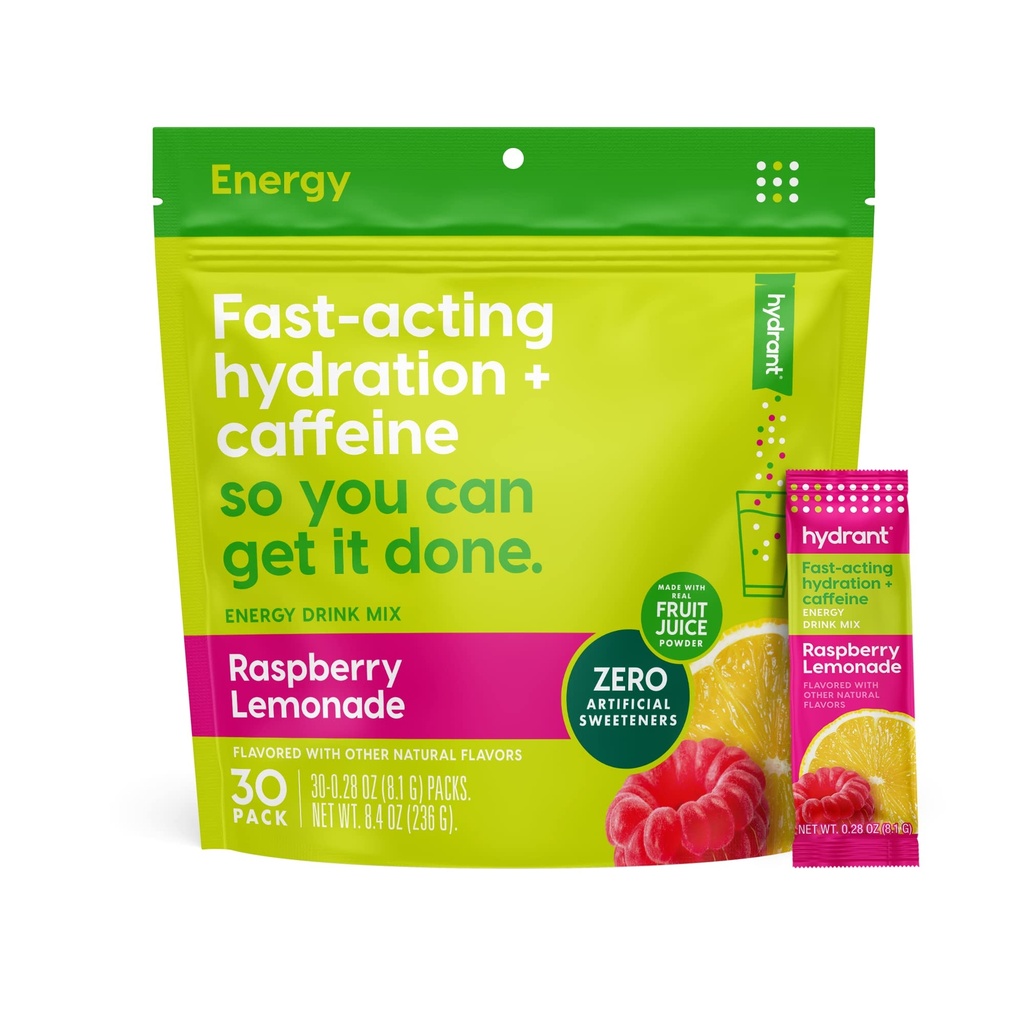 Hydrant - Energy Electrolyte Powder, Vadelma sitruunaa Maku, 30 kofeiini & L-Theanine Energy nesteytys Stick Packs - Matala sokeri energiajauhe päiväkäyttöön