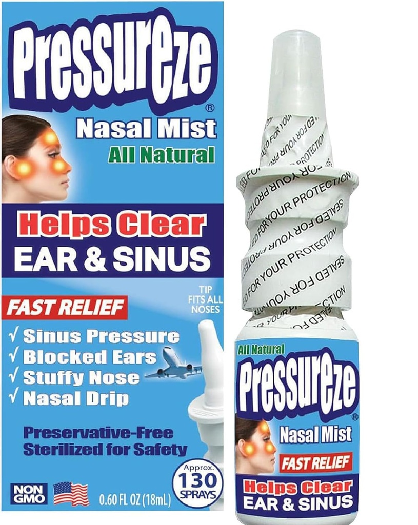 Pressureze Nasal Spray - All Natural Preservative-Free Sterile - Fast Relief Nasal Spray - för Sinus Allergies trängsel blockerade öron högt Snoring | 130 Sprayer, 18 ml