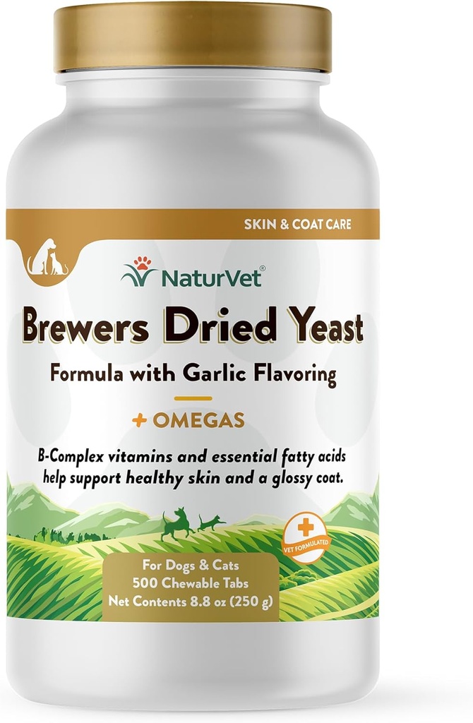 NaturVet Brewer's Dried Yeast Pet Supplement with Garlic Flavoring - Inkluderar B-Complex Vitamins, Omega-3, 6, & 9 Fatty Acids - hjälper till att stödja glansig Coat, hälsosam hud för hundar, katter 500 Ct.