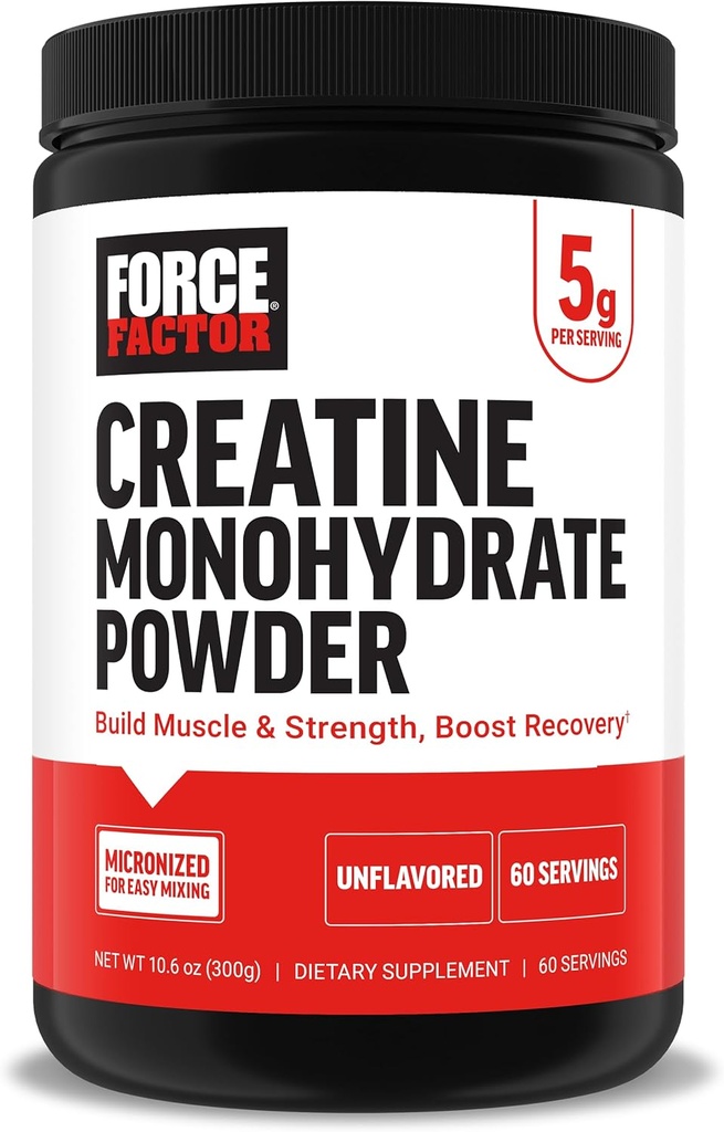 Force Factor Creatiini Monohydraatti Powder, 5g Micronized annos tukemaan lihasten kasvua, vahvuus, elpyminen, kognitiivinen terveys & muisti, makuamaton, 60 tarjoilua
