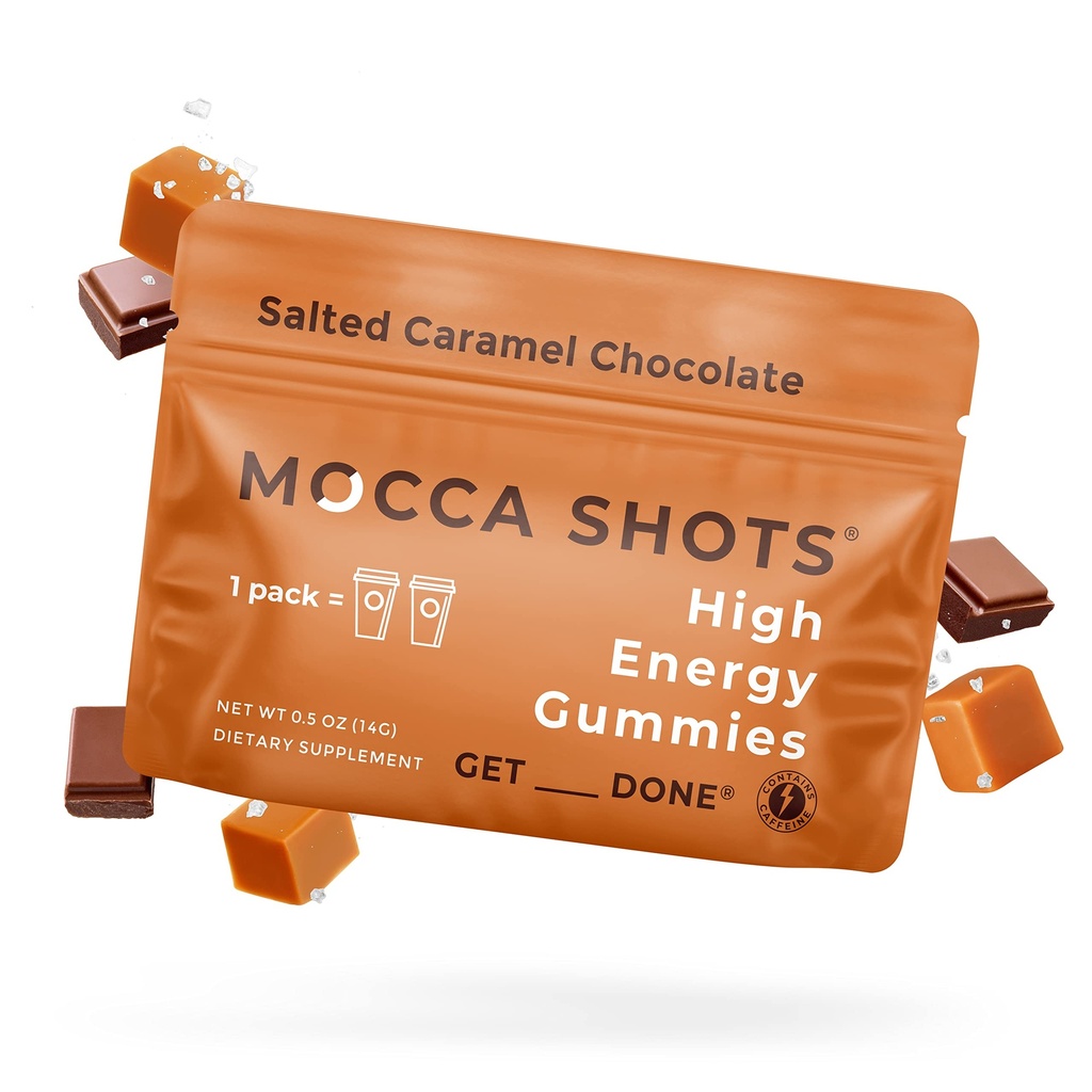 SGC Högsta koncentration 100mg Koffein per Gummy, 2 Gummies per Pack, 6-Pack Mocca Shots Salted Caramel Plant-Based nootropic Instant Energy med Ginkgo biloba, Theobromine.