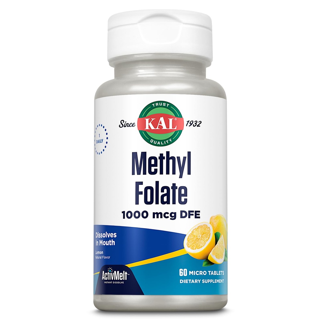 KAL Methyl Folate 1000 mcg, 5-MTHF Active Form, Folic Acid Supplement, Heart Health, Prenatal, Mood and Brain Support, Vegetarian, Natural Lemon ActivMelt, 60-dagars garanti, 60 Serv, 60 Micro Tablets