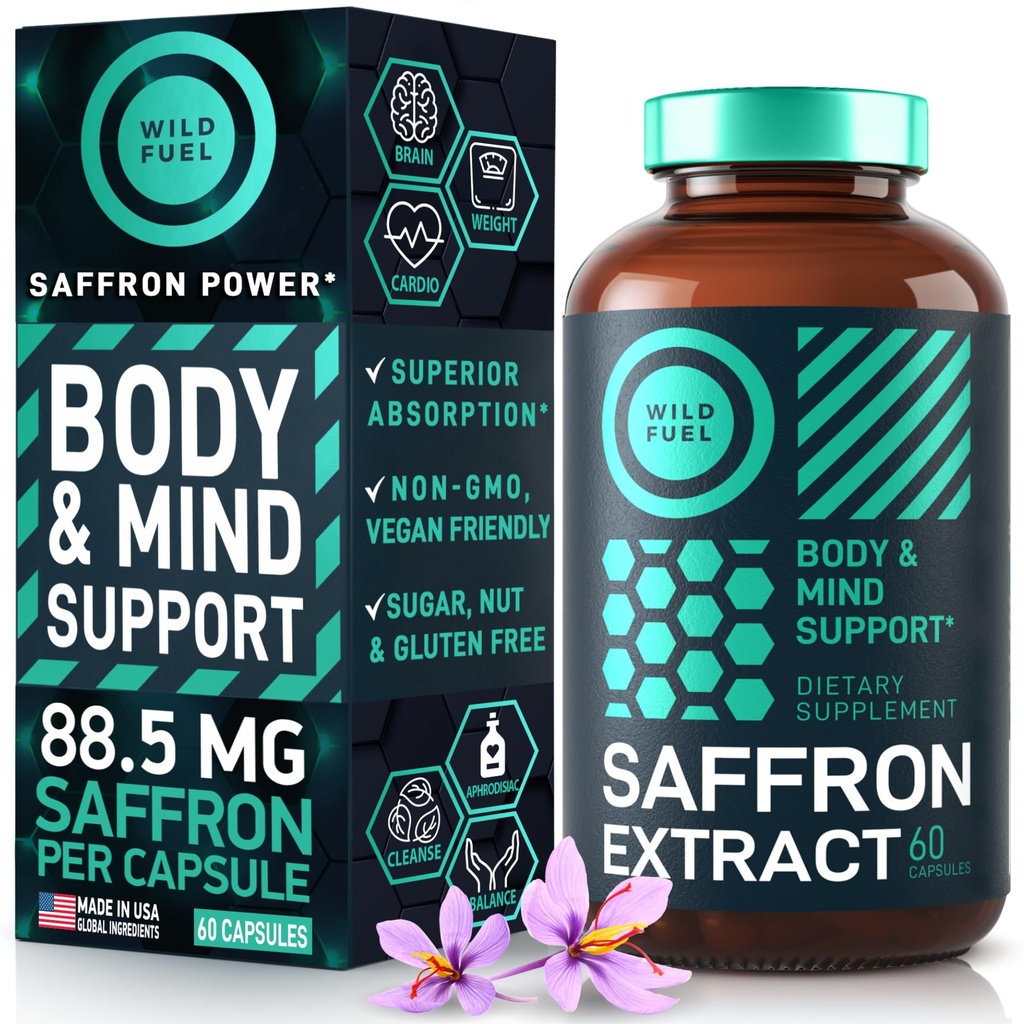Saffron lisäravinteet naisille ja miehille - 88,5 mg Pure Saffron Extract - Antioksidantti, Eye Health, Energy Support ja Mood Booster - Vegan, Valmistettu USA, 60 kapselia kerran päivässä