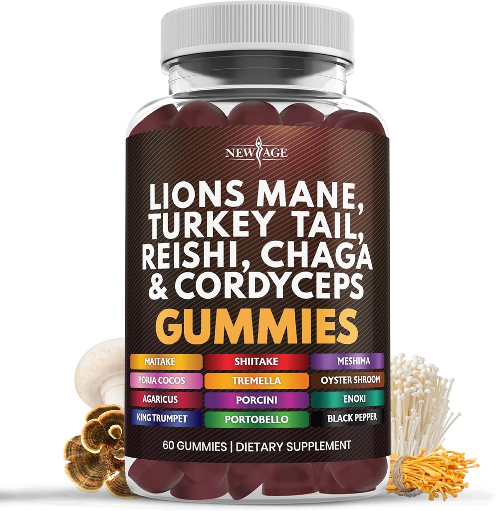 UUSI AGE Sieni Leijonan Mane Supplement Gummies - Sienen täydentää Reishi, Cordyceps - 60 Count