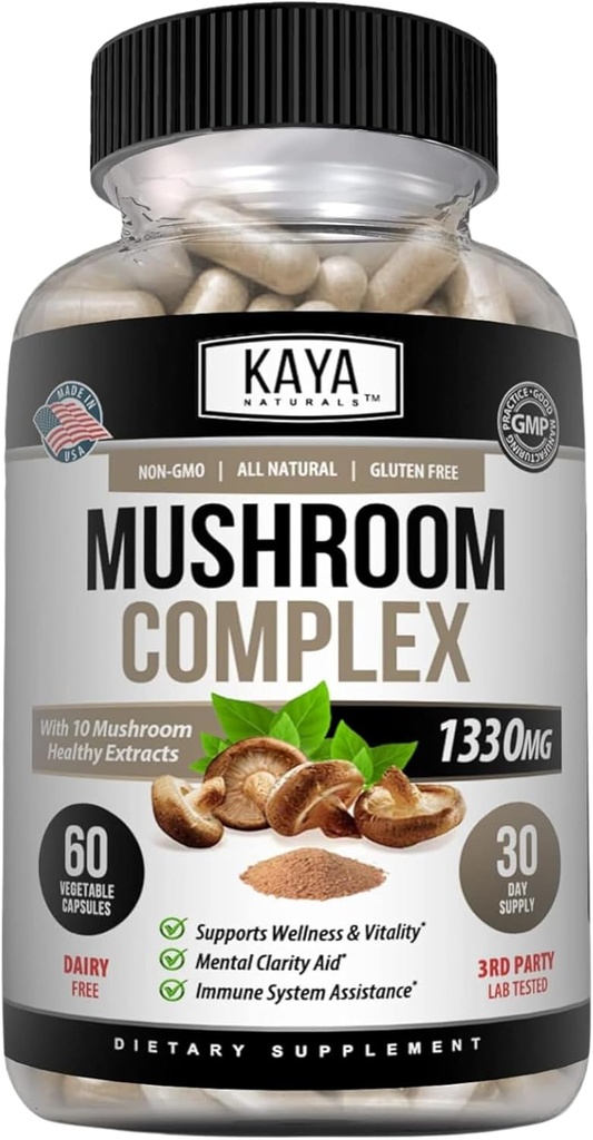 Kaya Naturals Premium Mushroom Complex Potent - Mushroom Complex Kapselit 1330mg Per Serving - Aids Mental Clarity tukee immuunijärjestelmää, hyvinvointi & elinvoimaa - 60 Count
