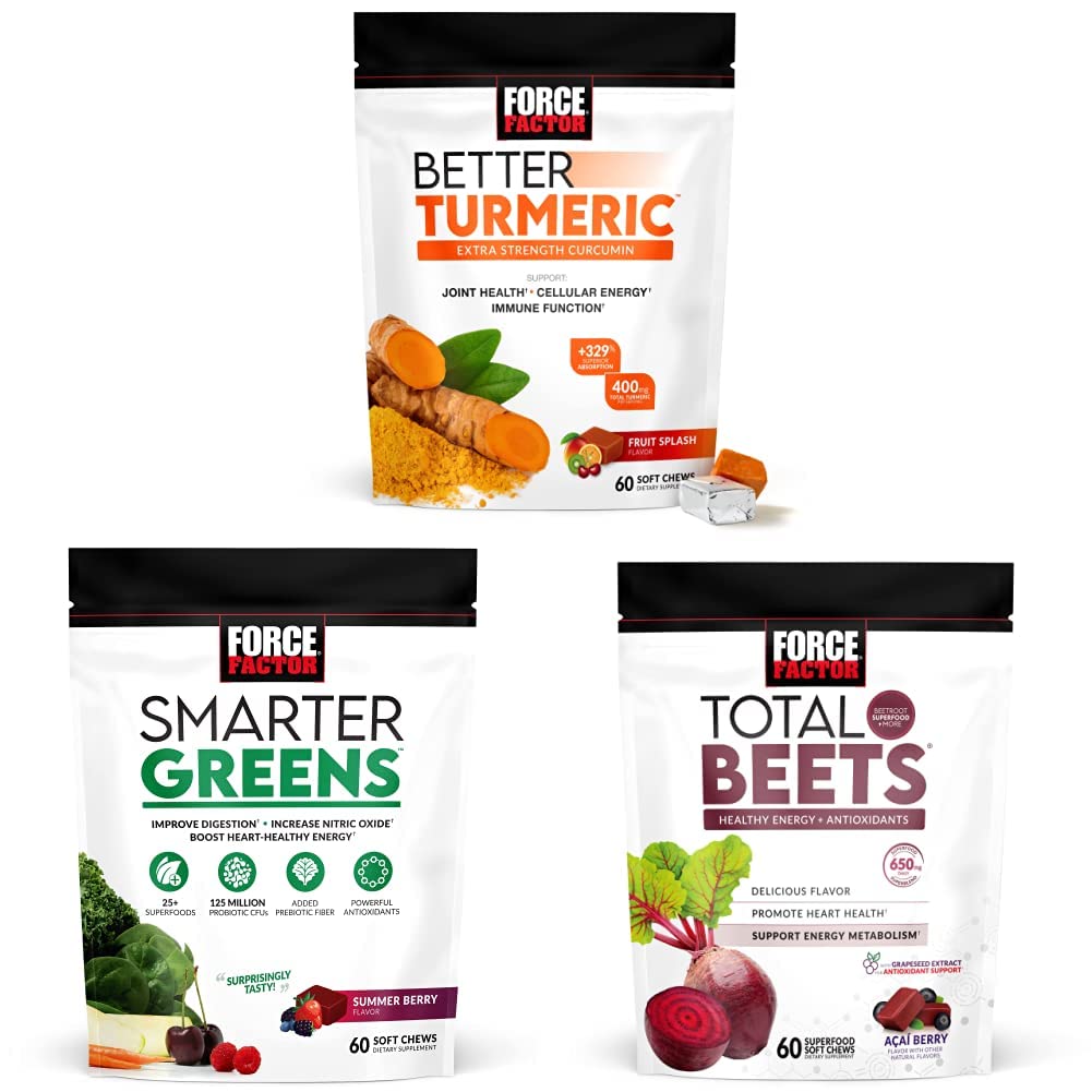 Force Factor Better Turmeric Joint Support Supplement & Smarter Greens Superfood Chews, 60 pehmeää purukumia ja yhteensä Beets Soft Chews, 60 purukumia