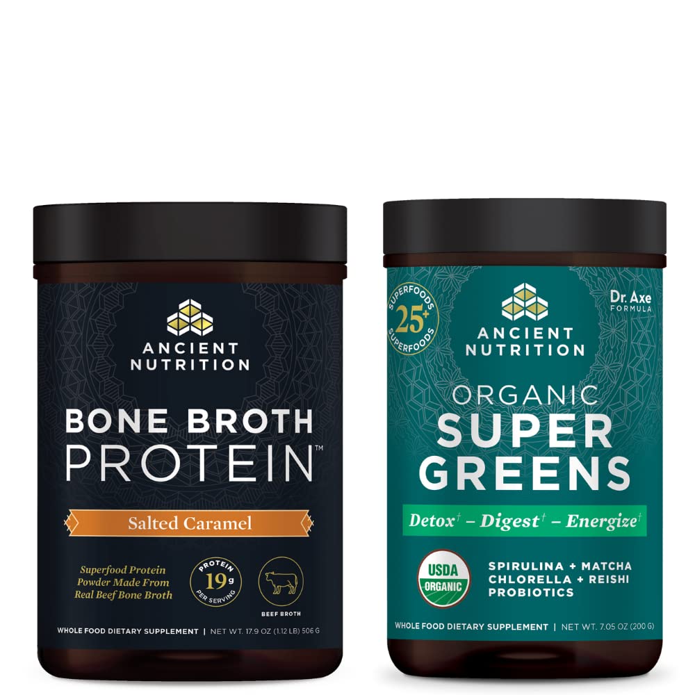 Ancient Nutrition Bone Broth Protein Powder, Salted Caramel, 20 portioner + Organic Supergreens Powder, gröna smak, 25 portioner