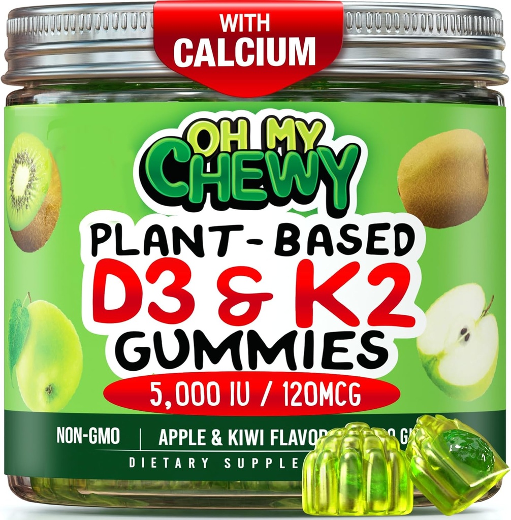 Center-Filled Vitamin D3 K2 Gummies - Barn, tonåringar och vuxna - Tillägg för hälsosam tänder, ben, energi och immunitet - 5000 IE D3, 120 mcg K2 (MK-7), 120 mg Calcium - Vegan & Non-GMO - 60 greve