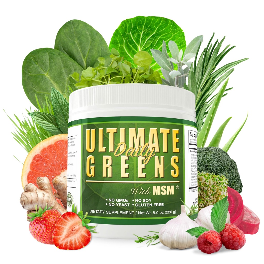 Daily Health, Ultimate Greens with MSM Powder, Vegan Friendly Natural Ingredients Gluteenittomat soijat Ei GMO Superfood Vihannesravintojuoma Alkalizing Energy 8oz 1 Pack (1 kuukausi tarjonta)