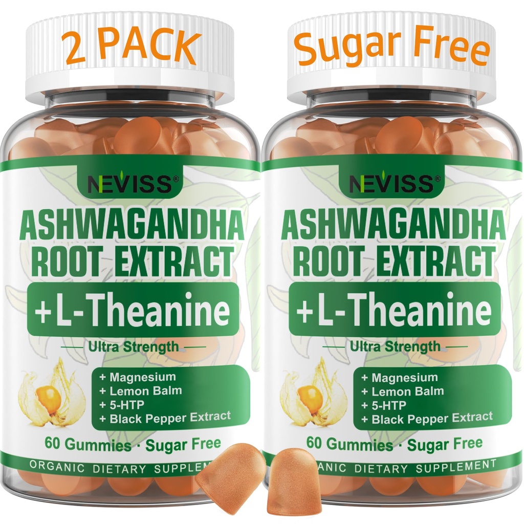 NEVISS Ashwagandha Gummies 2000mg, tunne Virkistetty, Plus ommeltu sekoitus L-Theanine, 5-HTP, sitruunan balsami, magnesium rauhoittaa, Zzzs & rentoutumista tukea, 120 kreivi