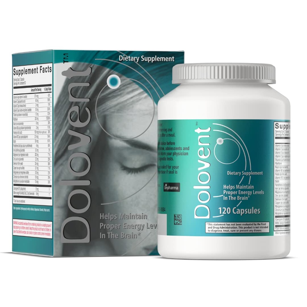 Dolovent - Naturmigrain lättnad med magnesium för migrän, vitamin B2 400mg, Q10 - Kosttillskott för hjärnhälsa - 1 flaska