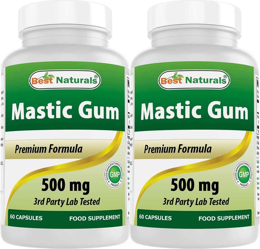 Best Naturals 2 Pack Mastic Gum kapselit 500 mg - 60 Count - (ei-GMO) (Gluteeniton) (Gluteeniton) - edistää tervettä vatsaa ja Duodonal terveys - (yhteensä 120 kapselia)