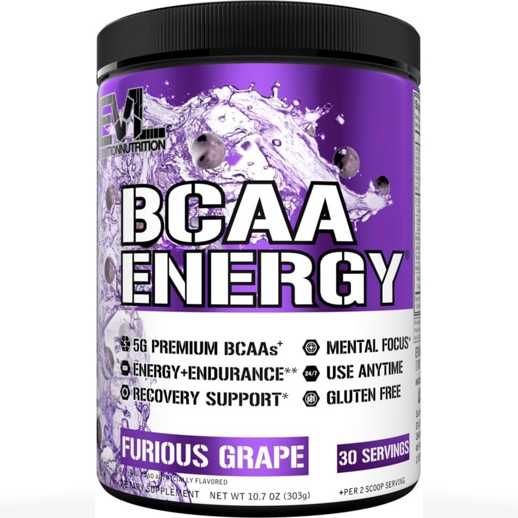 EVL BCAAs Amino Acids Powder - BCAA Energy Pre Workout Powder för muskelåtervinning Lean Growth and Endurance - Rehydrating Post Workout Recovery Drink med naturligt koffein - Furious Grape