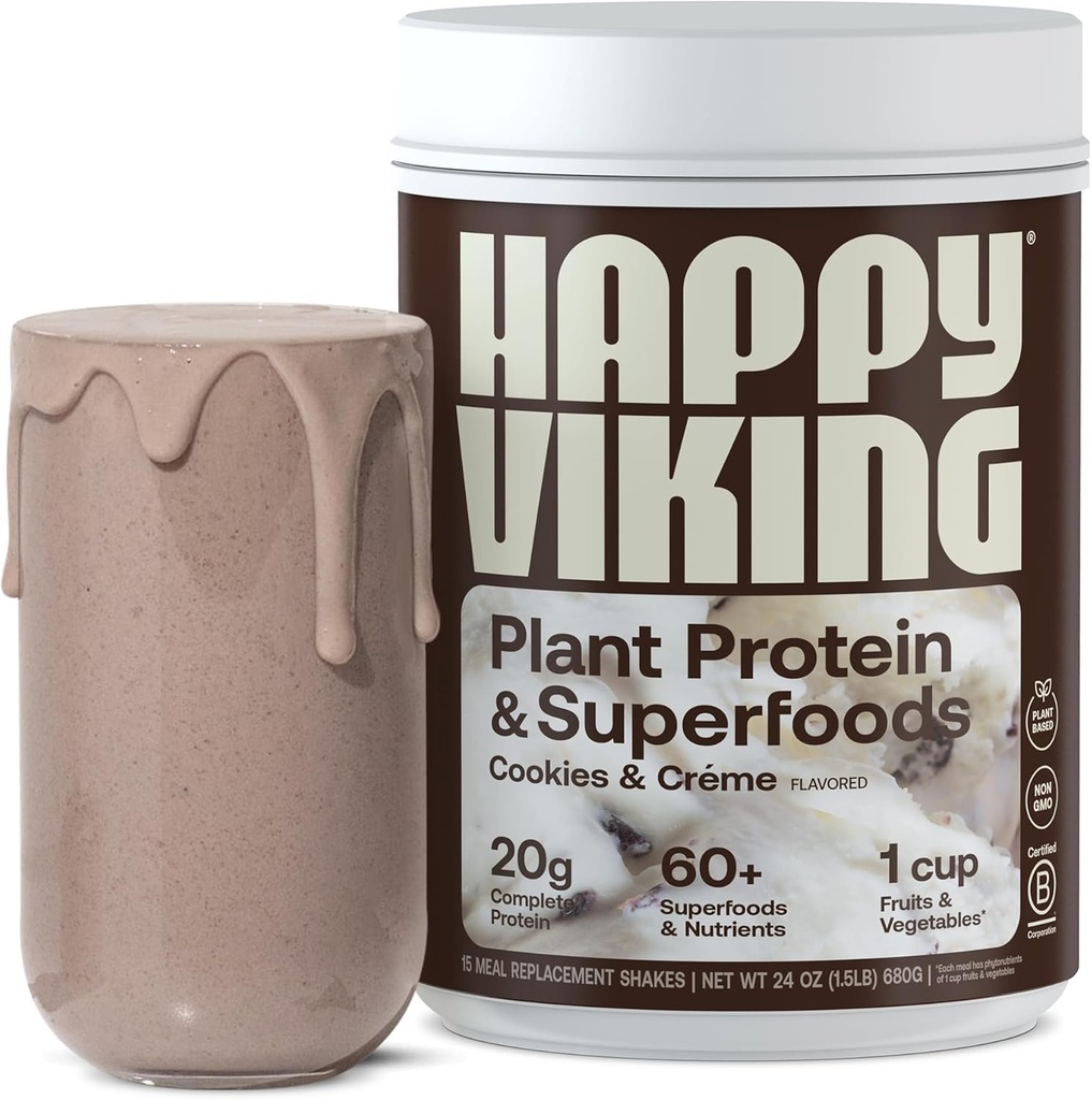 Happy Viking Cookies och Cream Plant Protein Powder, skapad av Venus Williams, 20G Protein, Low Carb, Keto, Vegan, Gluten-Free, Non-GMO, Superfoods, Full Meal Replacement, 1 Canister