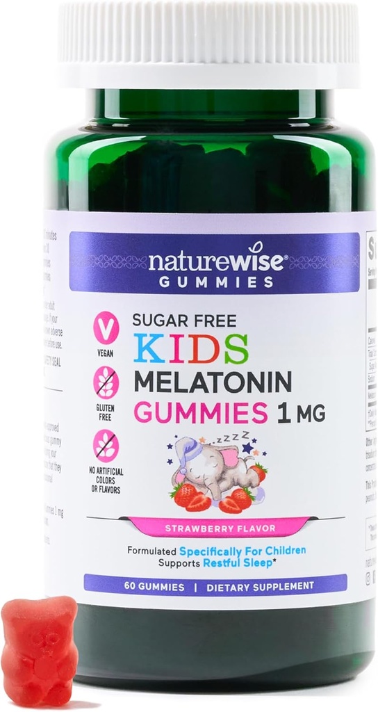 NatureWise Kids Melatoniini 1 mg Sokerittomia Gummies for Children Ages 4 & Up - Non-Habit Forming Sleep Aid - Mansikkamakuisia - Vegaani, Ei gluteenia, ei-GMO - 60 Count[2-Kuukausi tarjonta]