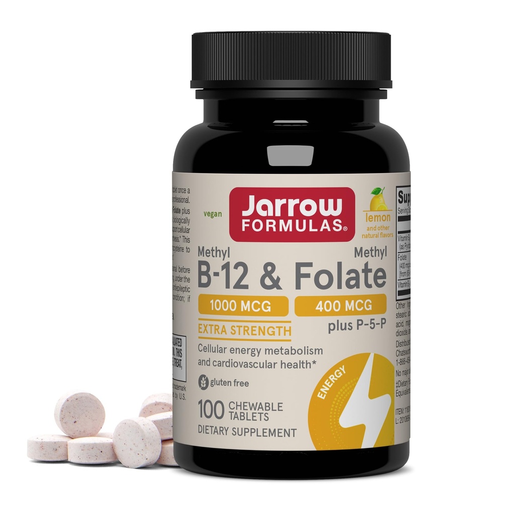 Jarow Formula Metyyli B-12 1000 MCG ja Metyyli Folaatti 400 MCG, Extra Strength, sellular Energy Metabolia ja Cardiovascular Health Formula(1) kanssa P-5-P, 100 purutablettia, Jopa 100 päivän tarjonta