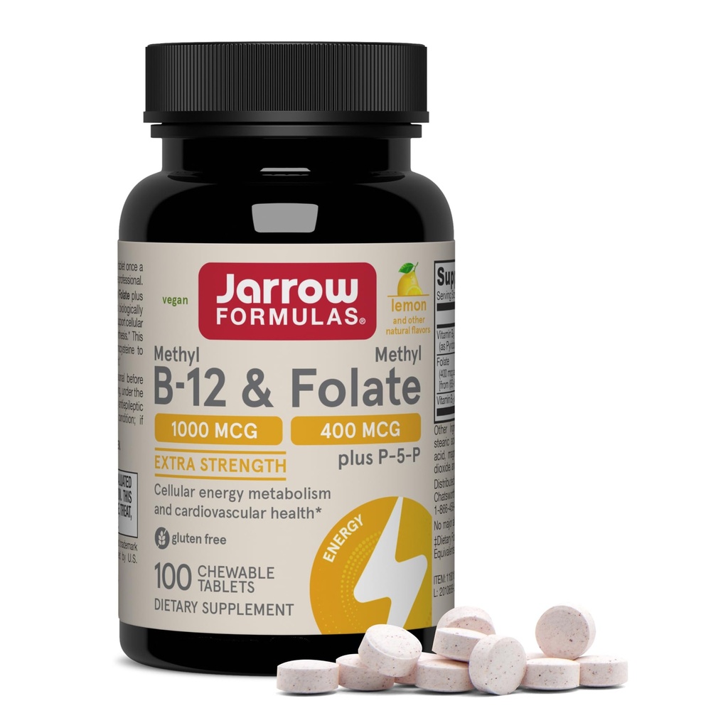 Jarrow Formulas Methyl B-12 1000 MCG och Methyl Folate 400 MCG, Extra Strength, Cellular Energy Metabolism och Cardiovascular Health Formel (1) Med P-5-P, 100 Chewable Tablets, Upp till en 100-dagars leverans