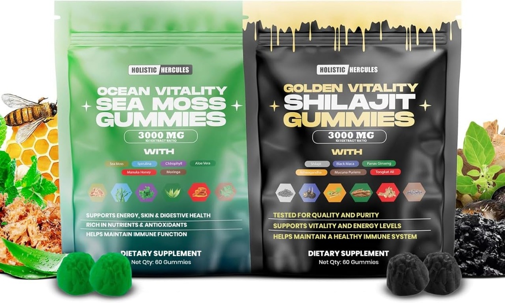Hercules Sea Moss & Pure Himalayan Shilajit Gummies Gold ... 100% Luonnollinen orgaaninen vegaani... Ei lisättyä sokeria...