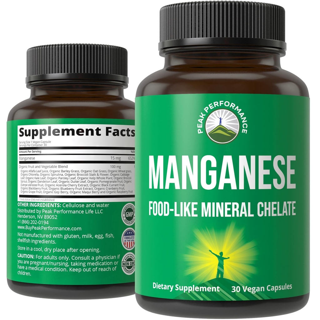 Mangan kompletterar mat som mineralolja för överlägsen absorption med hela matblandningen av 25 + frukt och grönsaker. Pure Trace Mineral Capsules för Connective Tissue, Bone Health, Enzyme Support