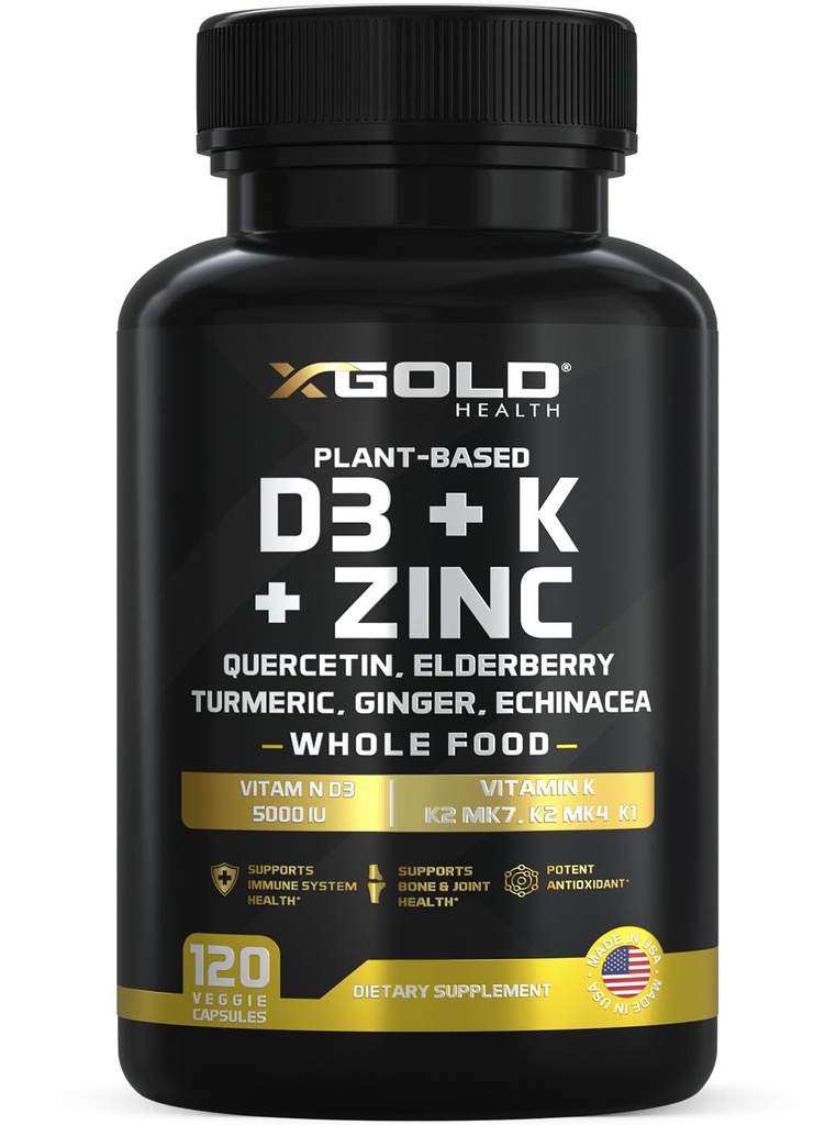 Vitamin D, K2, K1, Zink, Quercetin, Elderberry, Turmeric, Ginger & Echinacea Whole Food Supplement 8 i 1-D3 5000 IE Plant-Based från Lichen, Vitamin K (K2 MK7, MK4, K1), D3 K2 Vitamins -120 Capsules