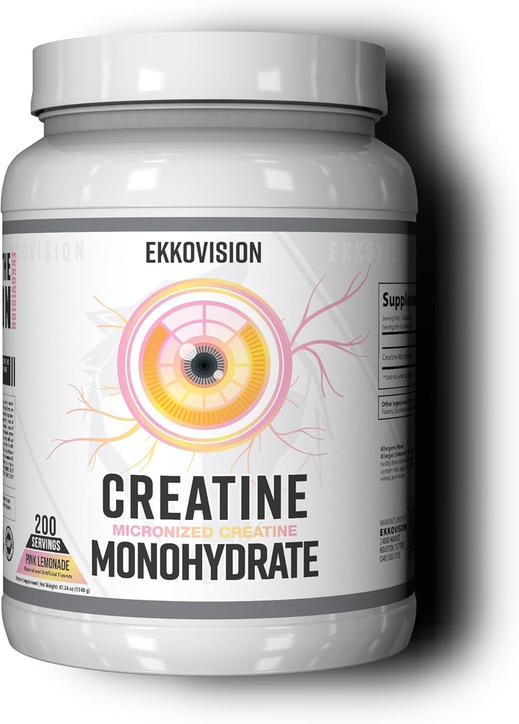 Ekkovision Creatiini Monohydraatti Powder, Micronized, Vaaleanpunainen sitruuna, Pre workout & post harjoitus täydentää miehille ja naisille, energia-tuki, helppo sekoittaa Shakes, Smoothies ja juomat, 200 tarjoilua