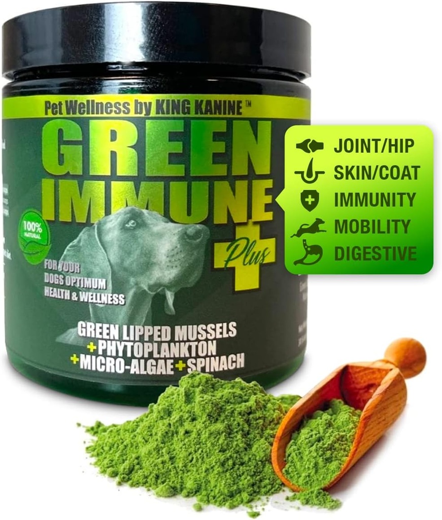 Kung Kanine Green Inmune Plus Multivitamin och Mineral 6 oz | Organiskt pulver för att förbättra Gå med i Mobilitet & Allergi Relief | Inflammatoriskt tillskott för hundar vård | Veterinär godkänd