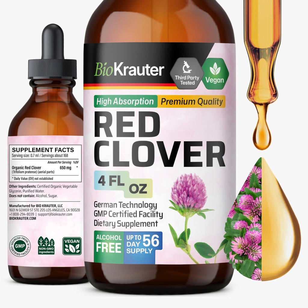 BIO KRAUTER Punainen Clover Tincture - Punainen Clover Extract - Liquid Supplement for Women's Support - Alkoholi ja sokeriton - Vegan Drops 4 Fl.Oz.
