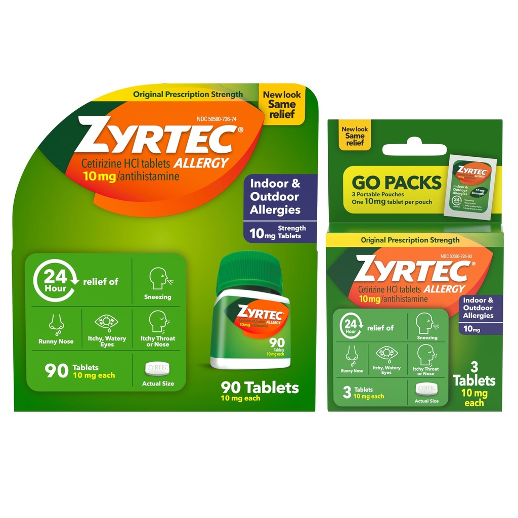 Zyrtec 24 tuntia Allergiaa helpottavia tabletteja, sisä - ja ulko- allergialääkkeitä 10 mg: n setiritsiinihydroklooritiatsidi- antihistamiiniannoksella, yhden, 90 ml: n pullon ja kolmen, 1 ml: n matkapakkaukset