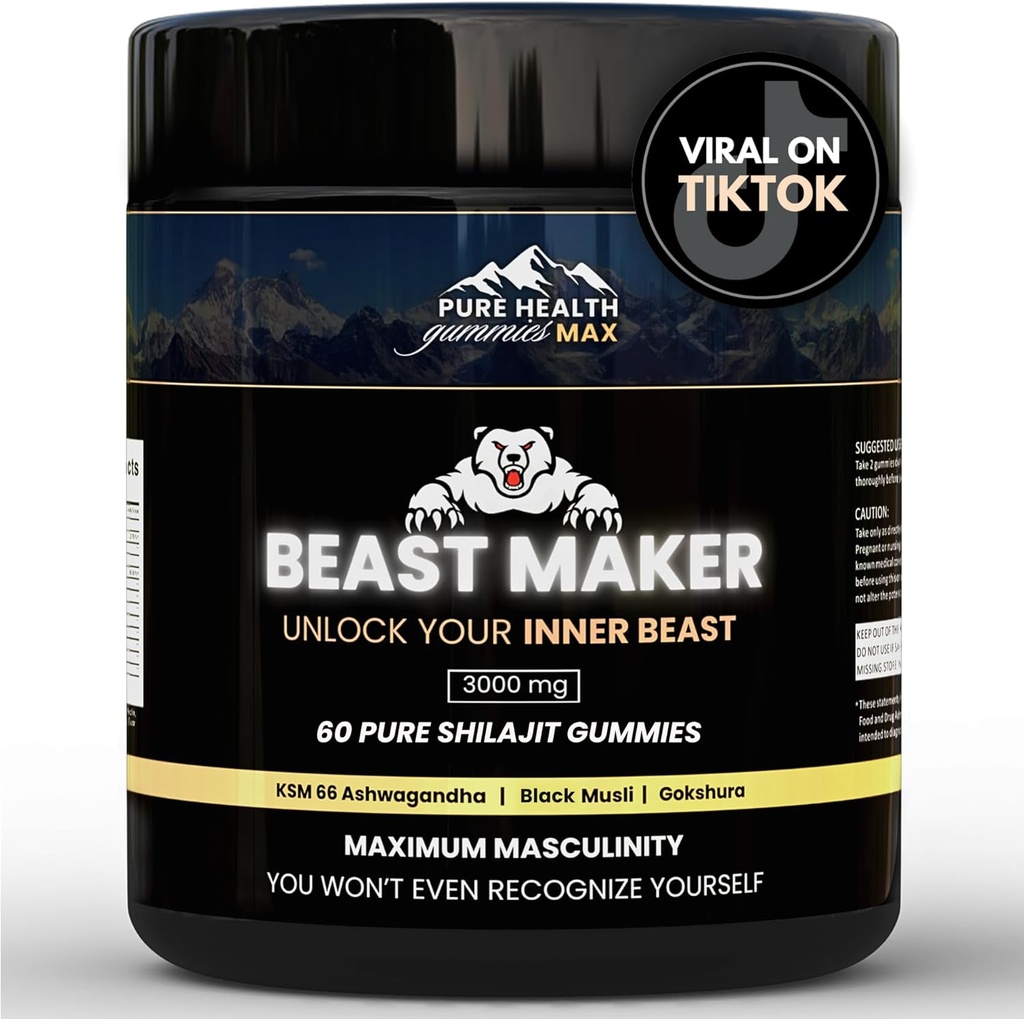 Beast Maker - Pure Shilajit Gummies for Men - Natural Himiliayan Organic Shilajit Authentic Mies lisälaite täydentää Ashwagandha, Black Musli, Gokshura 60 Gummies