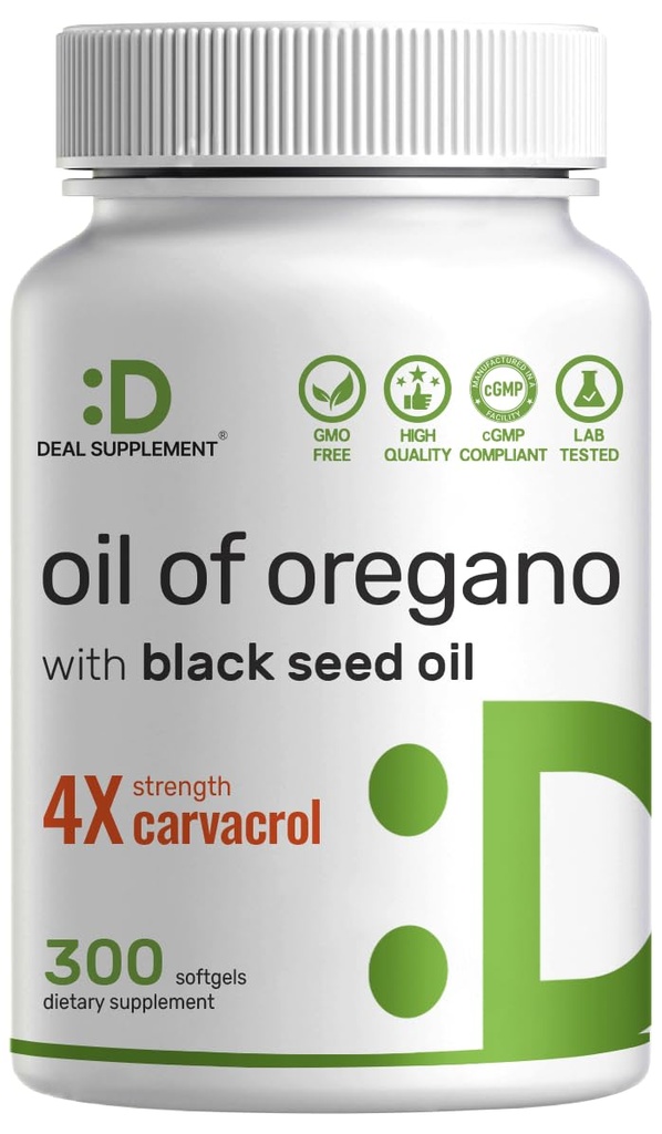 LIITTEENÄ Oregano Softgelsin öljy, jossa on mustaa siemenöljyä 300 Count 