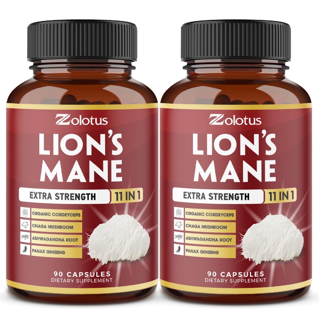 Zolotus 2 pakkaus 90 kapselia Lions Mane Sieni täydentää, 6 kuukauden toimitus Cordeyceps, Reishi, Ashwagandha, Focus, Muisti ja aivot tuki täydentää, Immuuni tuki, energia pillereitä