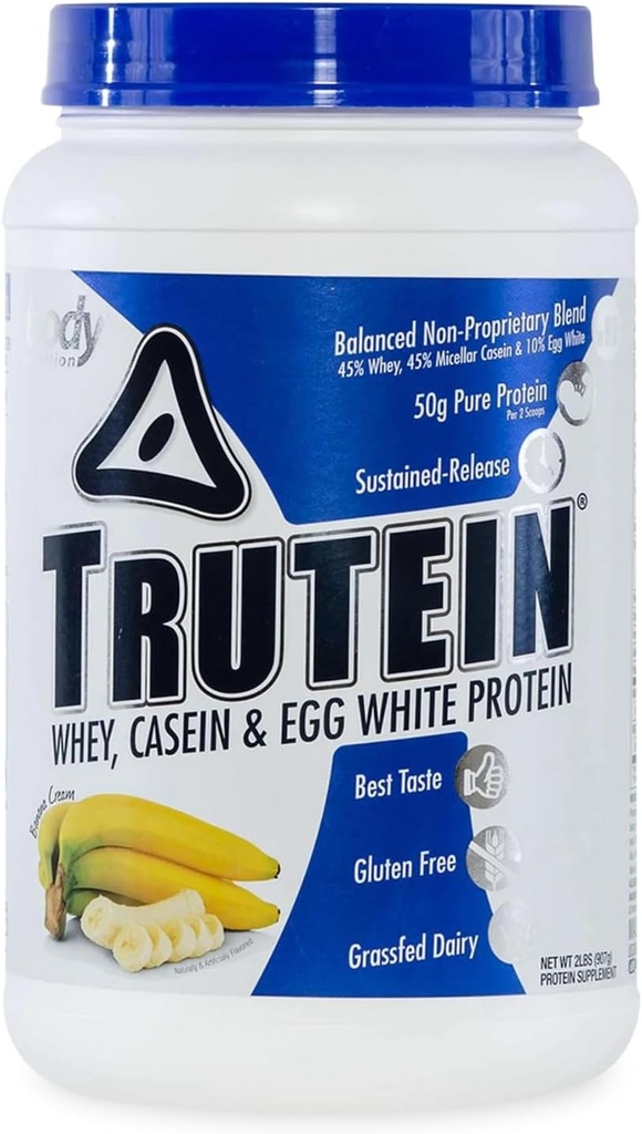 Body Nutrition Trutein High Protein Powder: 45% Whey, 45% Kaseiini, 10% Egg White, Gluteeniton, Alhainen natrium, Grass Fed Whey Protein Powder, Gym Supplement & Breakfast Shake, banaani Cream, 2lb