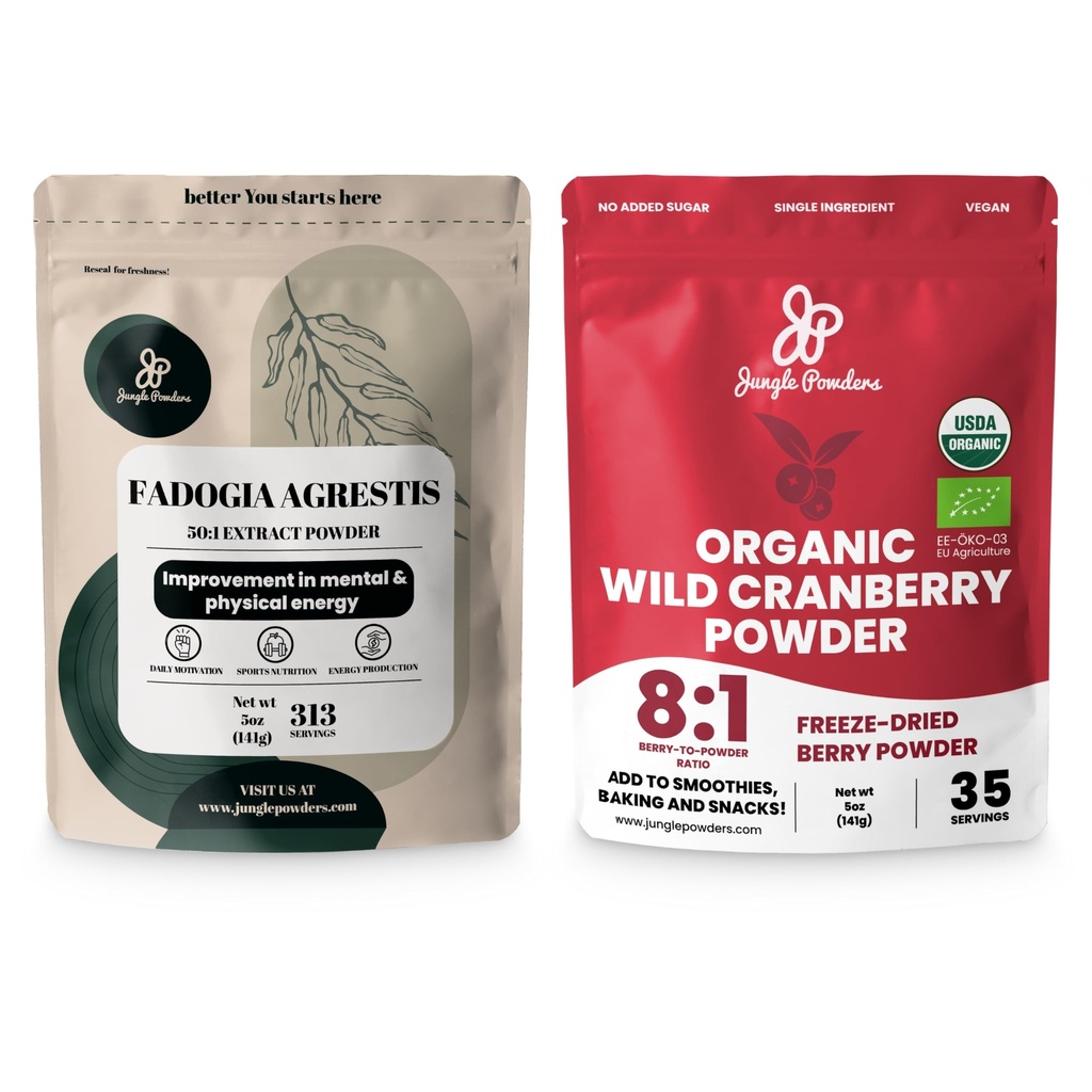 Jungle Powders Ultimate Mäns Wellness Duo: 5oz Fadogia Agrestis Extract & 5oz Organic Wild Cranberry Powder - Nigerian Fadogia Supplement för Drive & Passion, USDA Certified Cranberry Superfood
