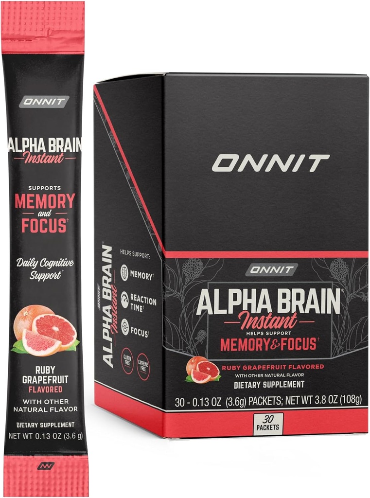 ONNIT Alpha Brain Instant - Ruby Greippi Maku - Nootropic Brain Booster Memory Supplement - Brain Support for Focus, Energy & Clarity - Alpha GPC Choline, Cats Claw, L-Theanine, Bacopa - 30ct