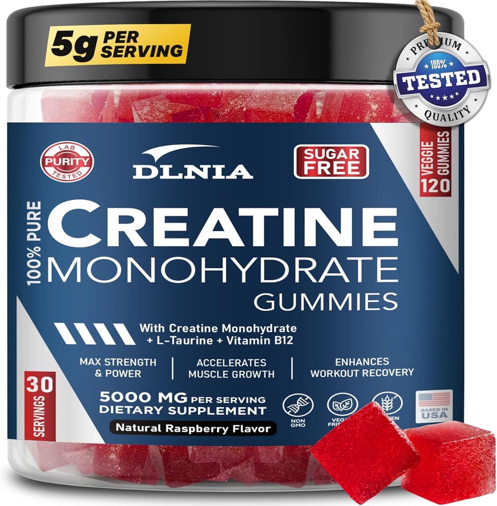 120 Kreatiini Monohydraatti Gummies miesten & naisten, kasvis-ystävällinen, sokeriton, & makupalat - Instantoitu Creatine Gummies parantaa lihasten kasvua, elpyminen, & suorituskyky (vadelma)