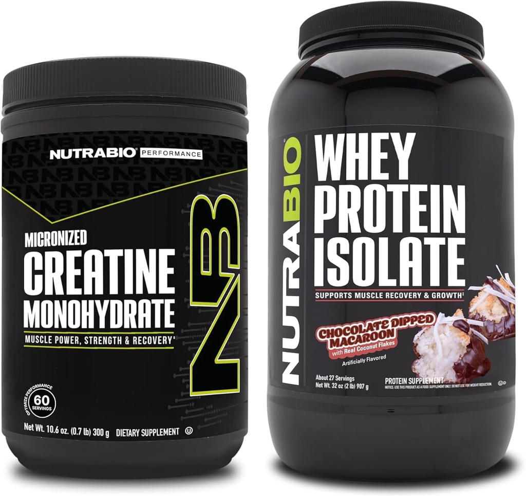 NutraBio Creatiini Monohydraatti, Mautonta, 300g ja Whey Protein Isolate, Chocolate Dipped Macaroon, täydennysosa Bundle - Lihasenergia, Lean lihasten kasvu, elpyminen, ja vahvuus
