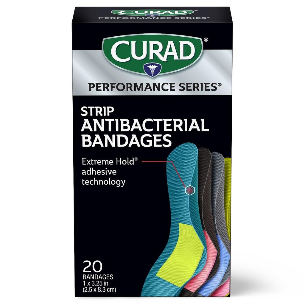 CURAD Performance Series IRONMAN Antibakteeriset siteet, Extreme Hold Adhesive tekniikka, Standard kokoa Joustavia kankaita viiltoja, scrapes, & Palaa, valikoituja värejä, 1 x 3,25 tuumaa, 20 count