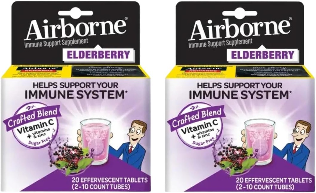 Elderberry Extract + C-vitamiini 1000 mg (per tarjoilu) - Airborne Effervescent Tabletit (20ct), gluteeniton Immuuni Support Supplement, vitamiineja A C E, ZINC & Selenium, Sokeriton (Pakkaus 2)