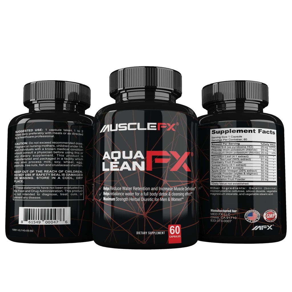 AquaLean FX Maximal Strength Diuretic Water Away Pills för vattenretention och Lean Muscle Defination för män och kvinnor, 60 kapslar
