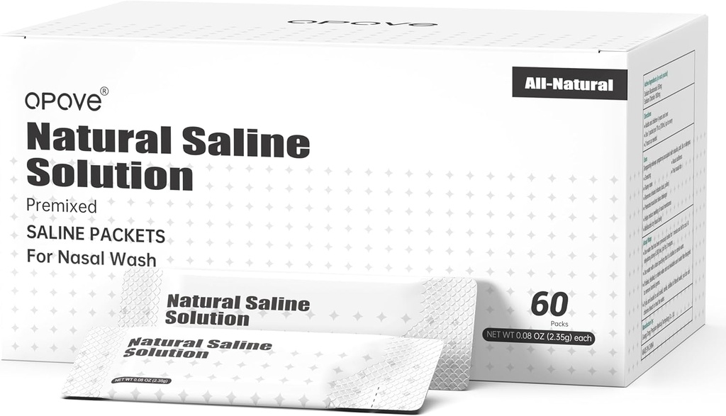 Opove Pre-Mixed Saline Packets for Nasal pesu kastelujärjestelmät, luonnollinen, ja PH Balanced for Sinus Relief, 60 pakkausta (Nose Cleaner ei sisälly)