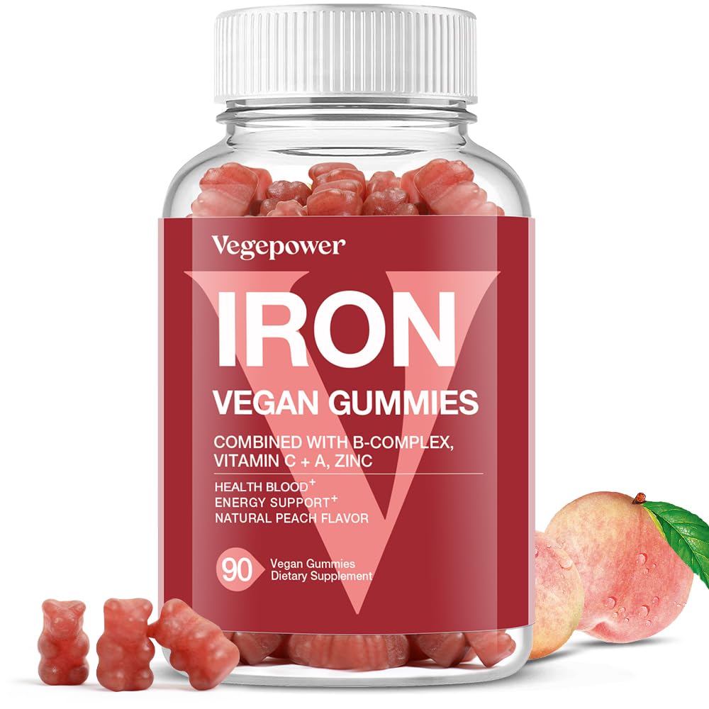 Vegan Iron Gummies Supplement - kanssa C-vitamiini, A, B-komplex, Folaatti, Sinkki aikuisille ja lapsille - Terveys Veri ja energia tuki rautaa puute, anemia, Ei jälkeen maku - Persikka maku (90 Ct)