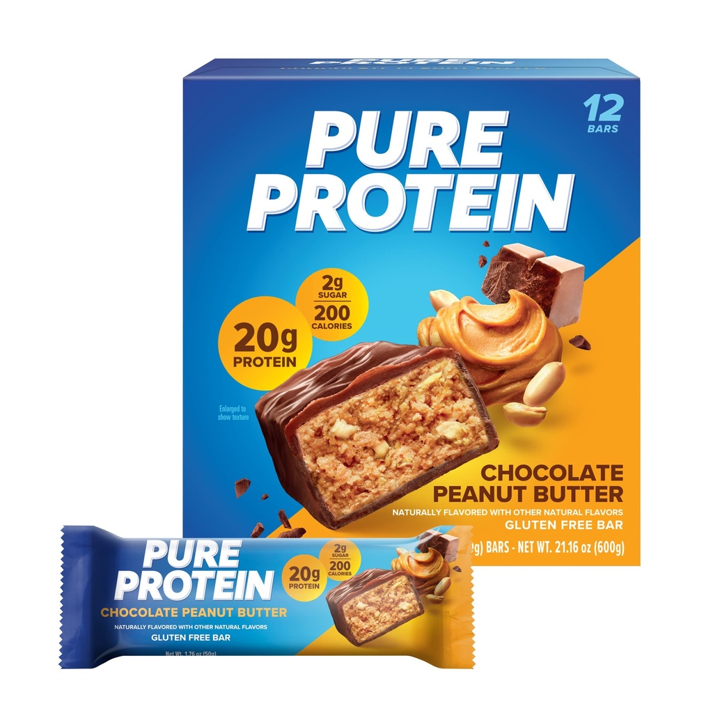 Rena proteinbarer, hög protein, näringsrika snacks för att stödja energi, låg socker, glutenfri, choklad jordnötssmör, 1,76oz, 12 greve (Packaging May Vary)