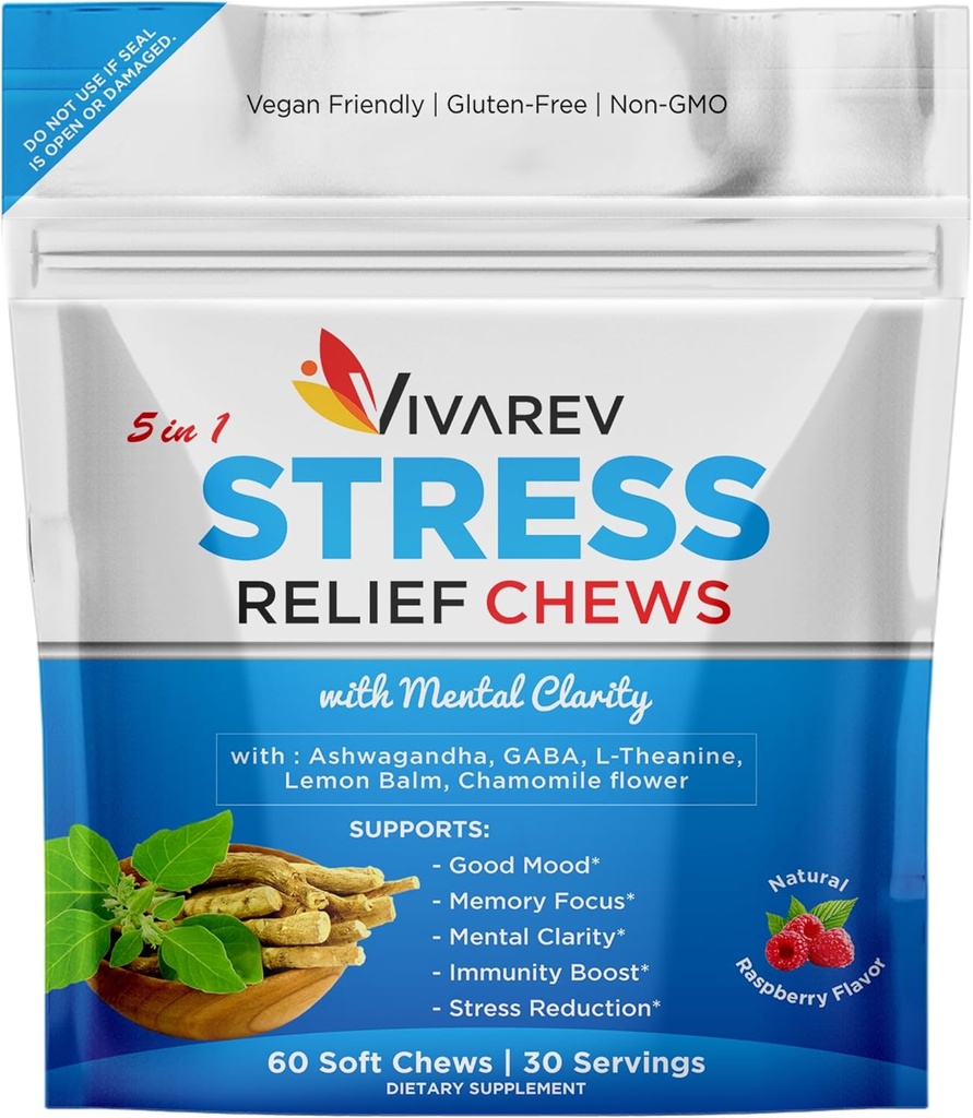 Stress Relief Ashwagandha Gummies - Formuloitu Ashwagandha, GABA, L Theanine, Lemon Balm & Kamomilla Flower kuin stressi helpotus ja Focus täydentää - luonnollinen vadelma maku, pakkaus 60