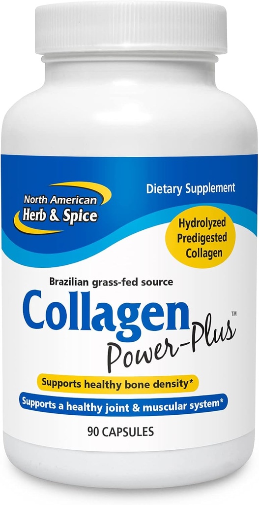 POHJOIS- AMERICAN HERB & SPICE Collagen Power- Plus - 90 kapselia - Kollageenin täydennysosa - nivel- ja lihastuki, terveet hiukset, iho ja kynnet - bromaiini, Papaiini, C-vitamiini - muu kuin GMO - 30 annosta