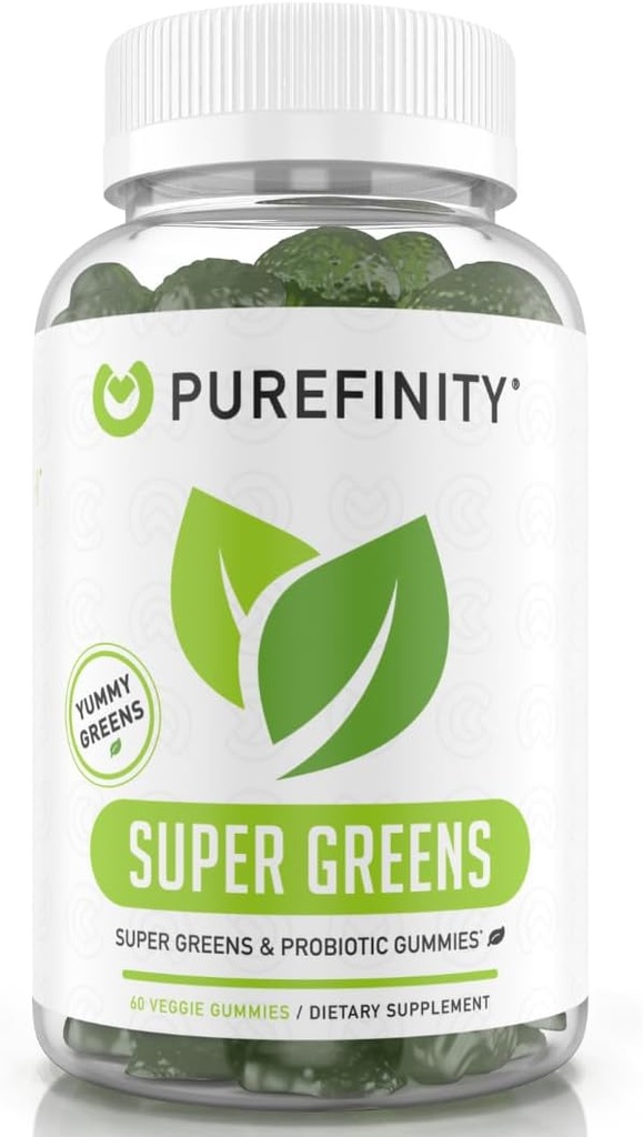 PUREFINITY Daily Super Greens Gummies with Spirulina, Pinaatti, Parsakaali, juurijuurikas, Acai, ja muut vihannekset, All-in-One kasvis Supplement 